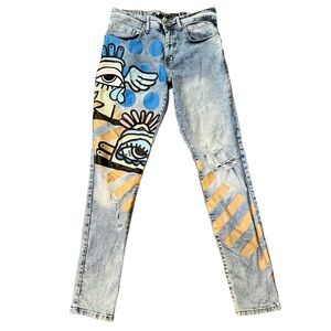 DSTRKT Men's Cream Blue Stretch Street Wear Distressed Denim Jeans Sz 30x32